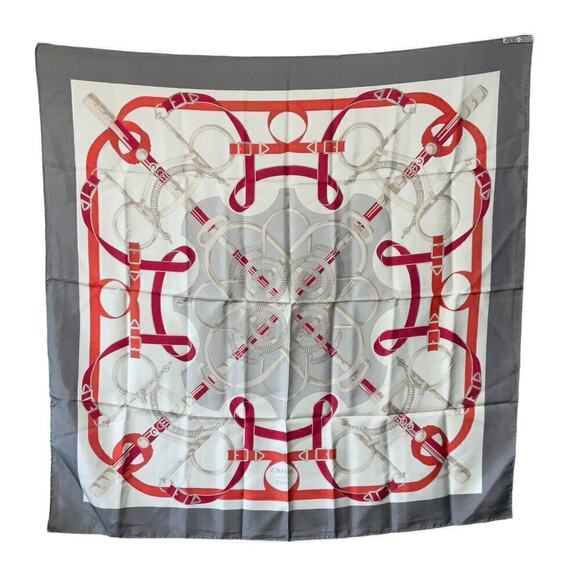 HERMES Carre "Eperon d’or" Silk Gray White Red 100% Silk Scarf 90cm Square - Picture 9 of 16
